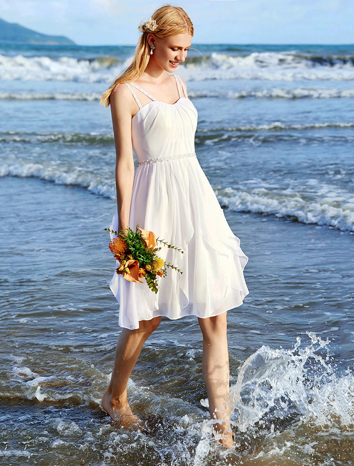 Luolandi Wedding Dresses A-Line Sweetheart Regular Straps Knee Length Chiffon Bridal Gowns With Sash / Ribbon